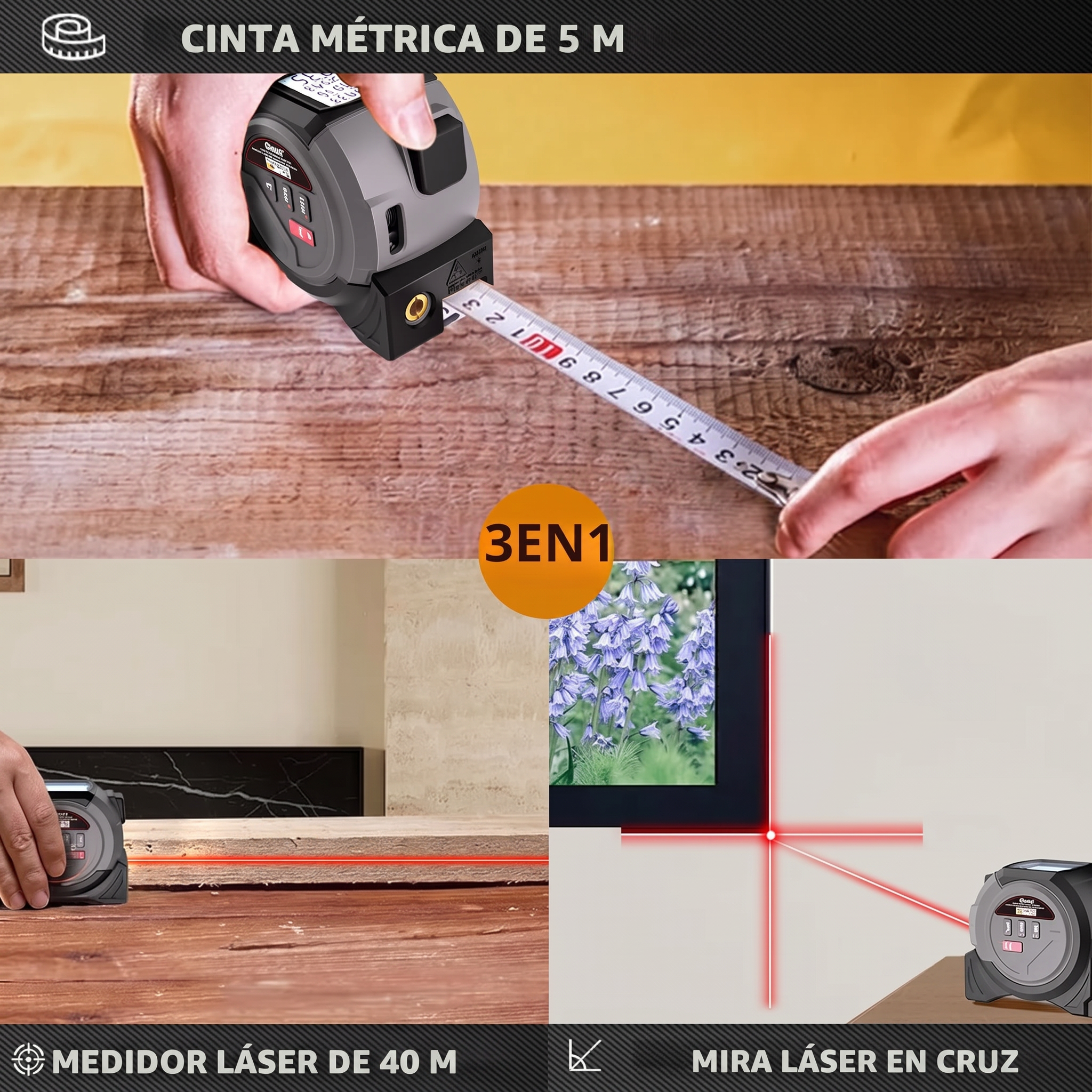 Cinta métrica láser 3 en 1