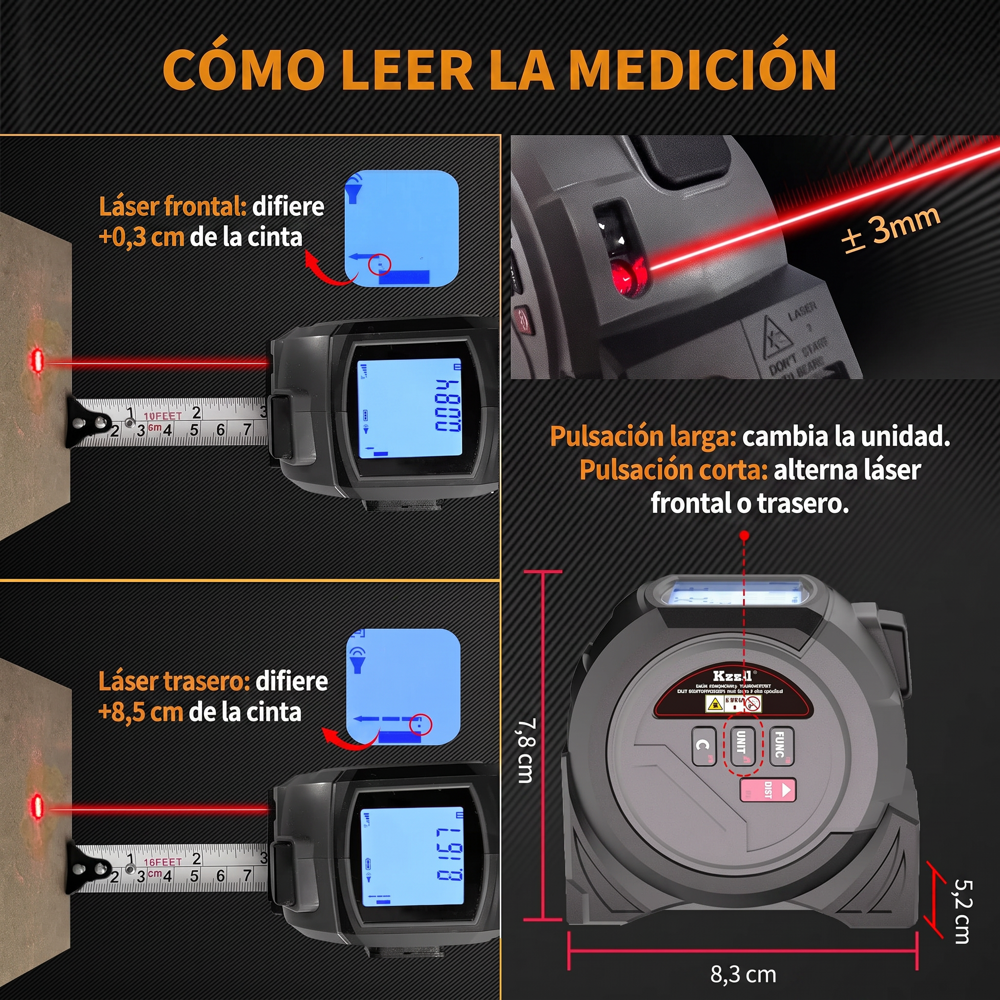 Cinta métrica láser 3 en 1